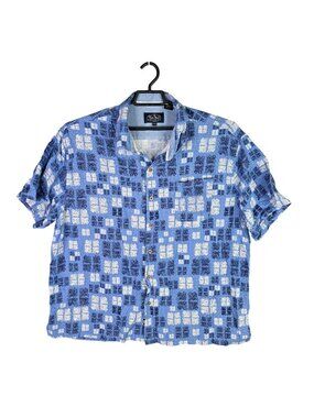 Mens Nat Nast Blue Geometric Silk Blend Button Up Shirt Short Sleeve Size XXL